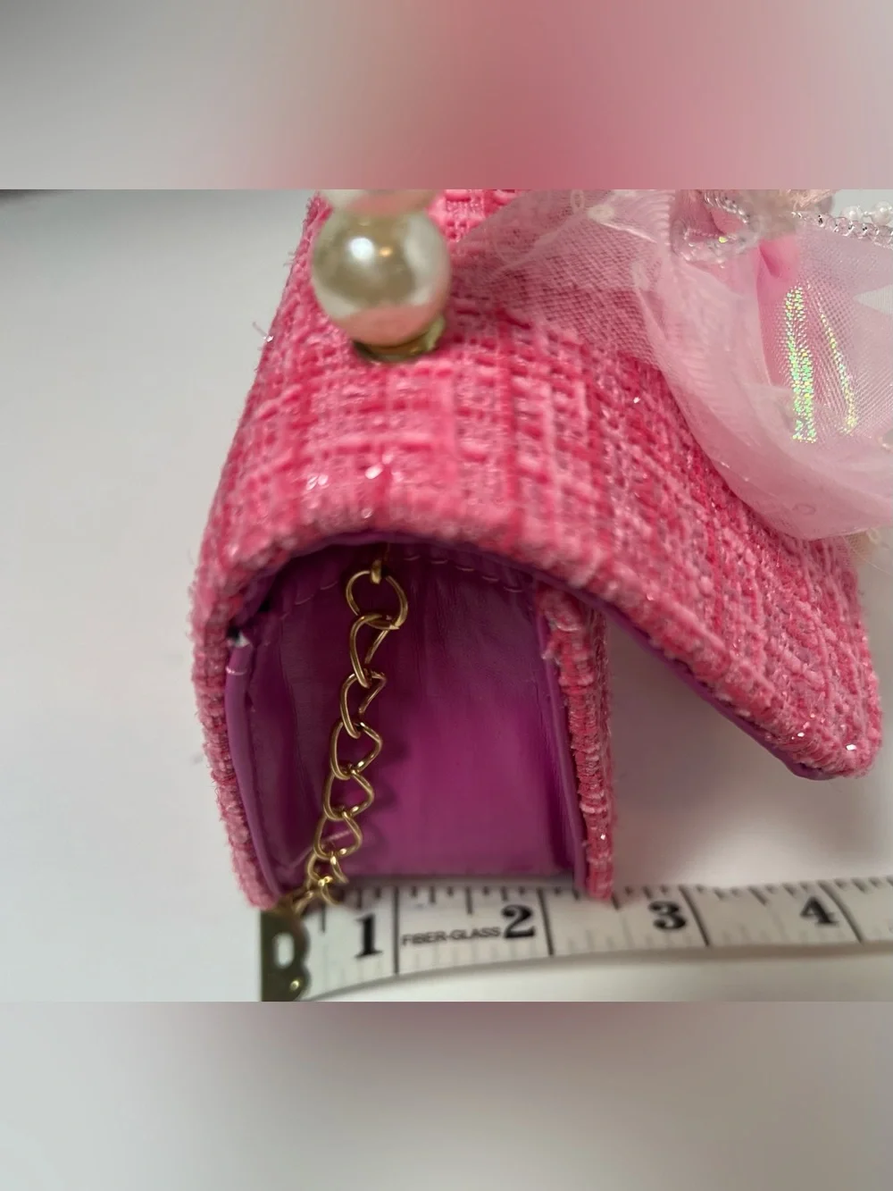NWOT Girls Pink Tweed Pearl Handle Bow Mini Crossbody Purse
